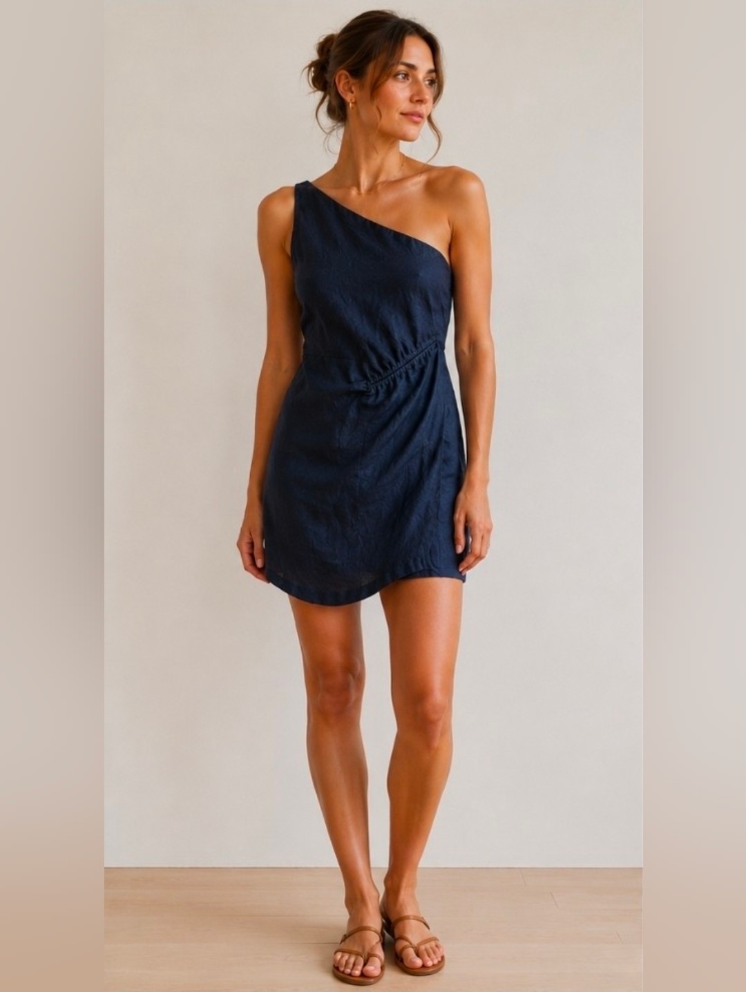 Aulieude Black Linen One Shoulder Scrunch Tie Dress Au Size 10 / Us 6